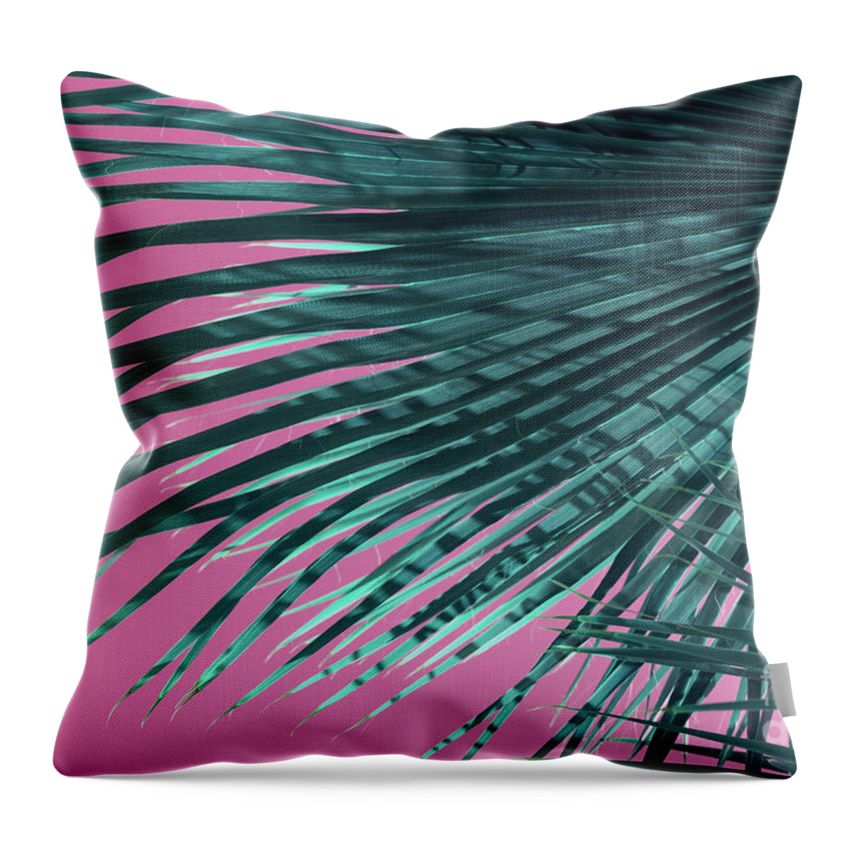Palm Leaf Throw Pillow featuring the photograph Palm frond and pink sky, summer on the beach by Adriana Mueller