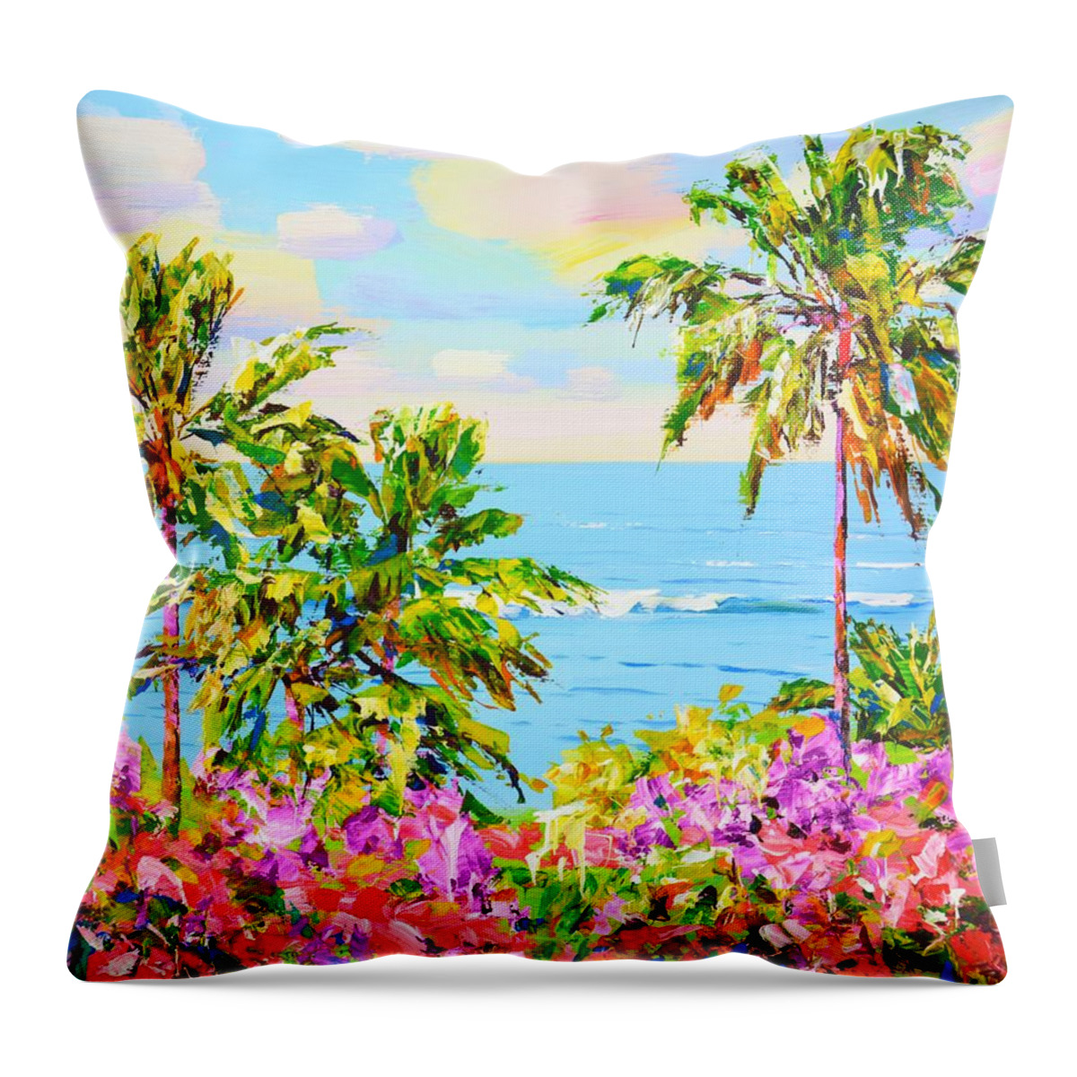 Ocean Throw Pillow featuring the painting 	Palms. Ocean. Flowers. by Iryna Kastsova