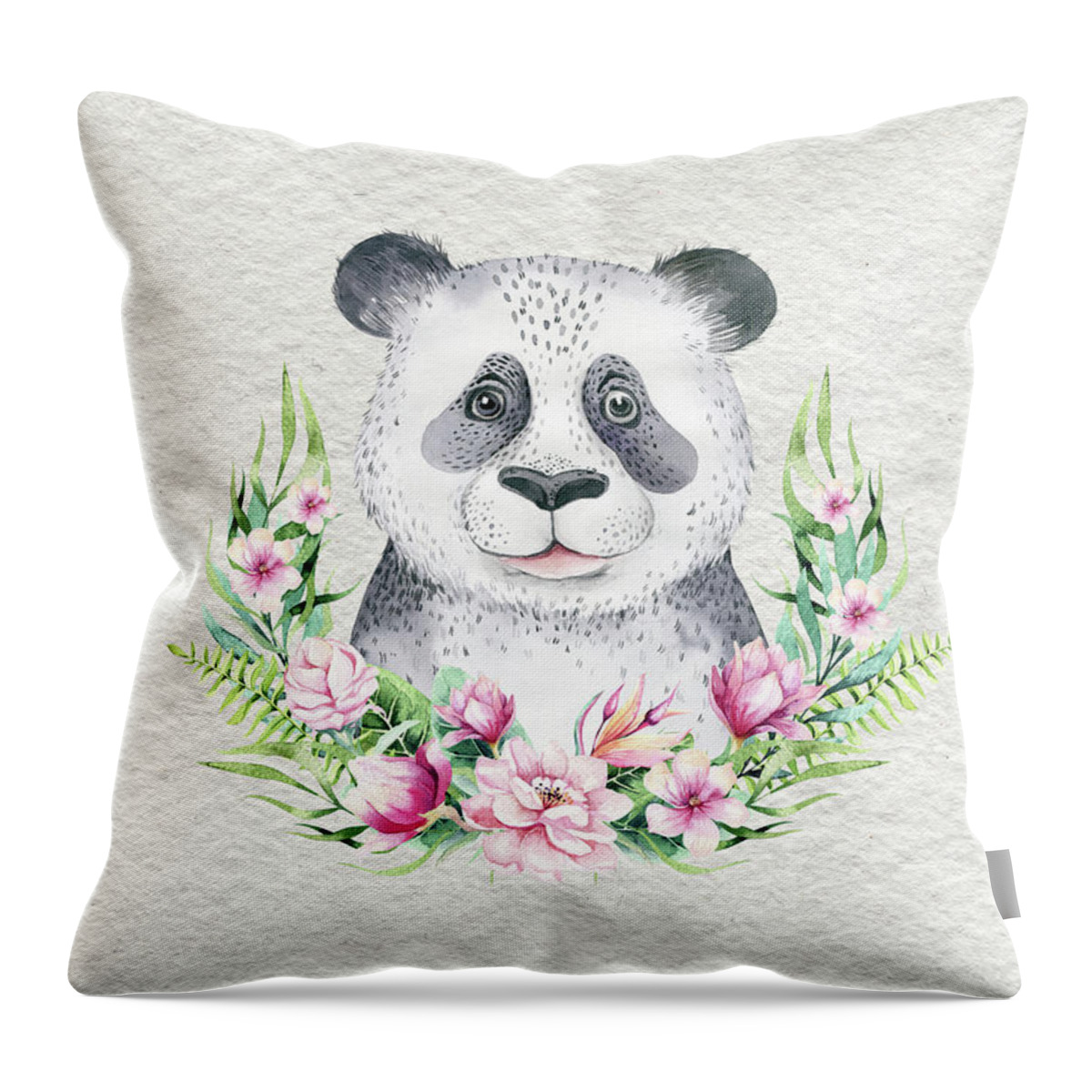 Panda Throw Pillow featuring the painting Panda Bear With Flowers by Nursery Art