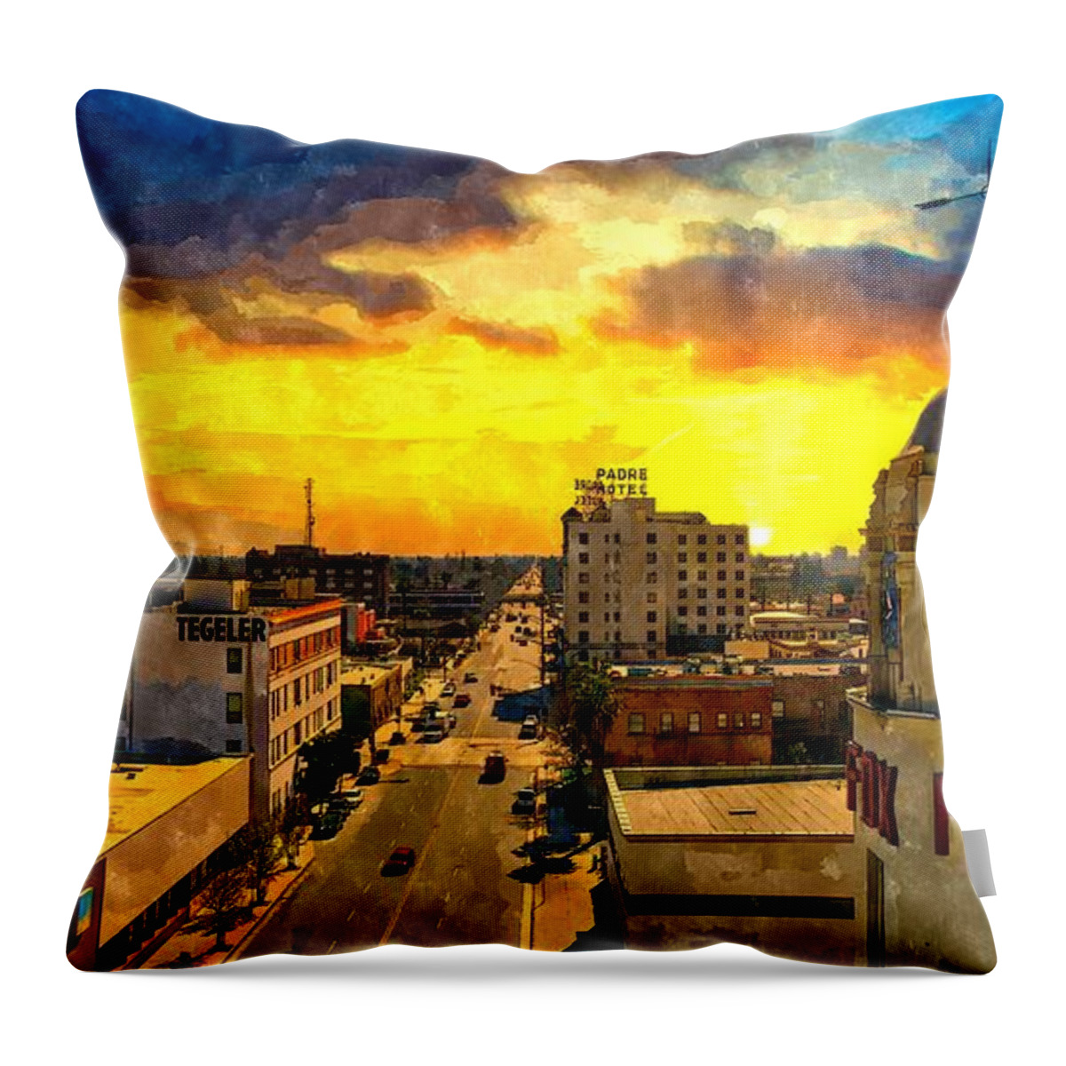 Bakersfield Throw Pillow featuring the digital art Panorama of downtown Bakersfield, California - watercolor painting by Nicko Prints