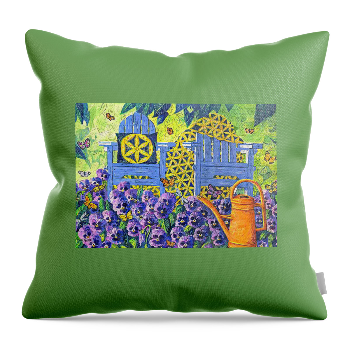 Purple Pansies Throw Pillow featuring the painting Pansy Quilt Garden by Diane Phalen