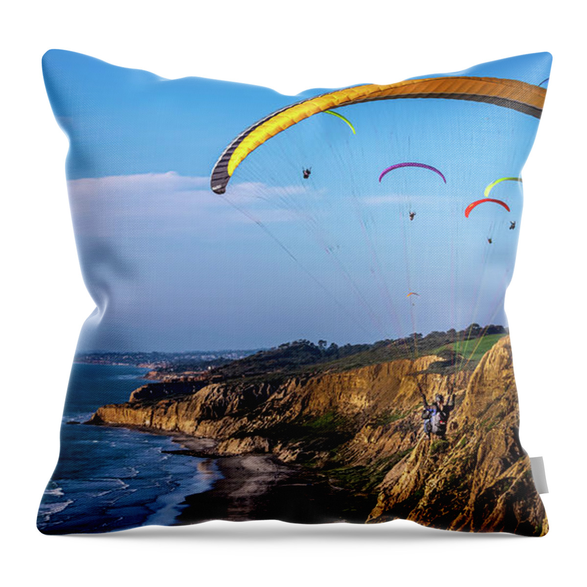 Beach Throw Pillow featuring the photograph Paragliders Flying Over Torrey Pines by David Levin