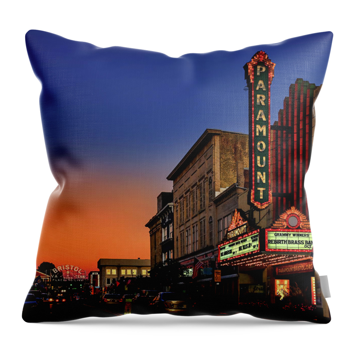 Night Throw Pillow featuring the photograph Paramount Theater at Sunset by Shelia Hunt