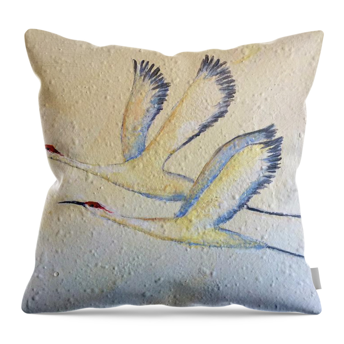 Cranes In Flight Throw Pillow featuring the painting Partners for Life by Caroline Patrick
