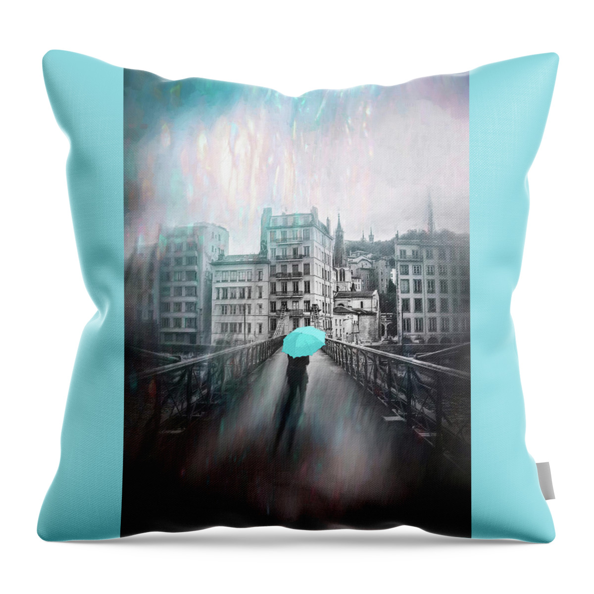 Lyon Throw Pillow featuring the photograph Passerelle Saint Vincent Lyon France Rainy Shades of Blue by Carol Japp