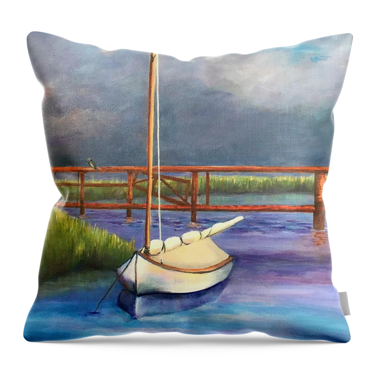 Nautical Throw Pillow featuring the painting Passing Storm at the Mooring by Deborah Naves