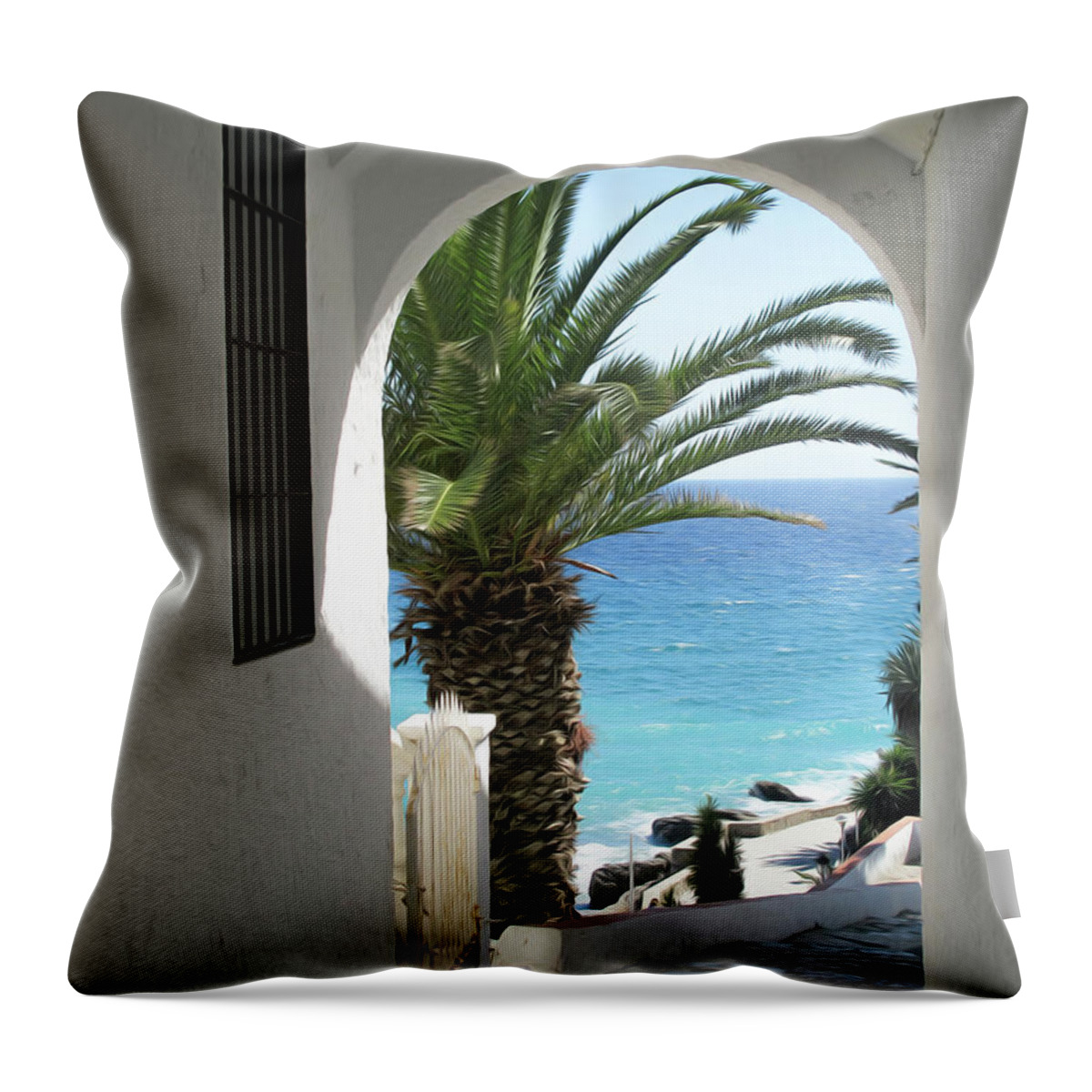 Spain Throw Pillow featuring the digital art Path to the beach in Nerja by Naomi Maya