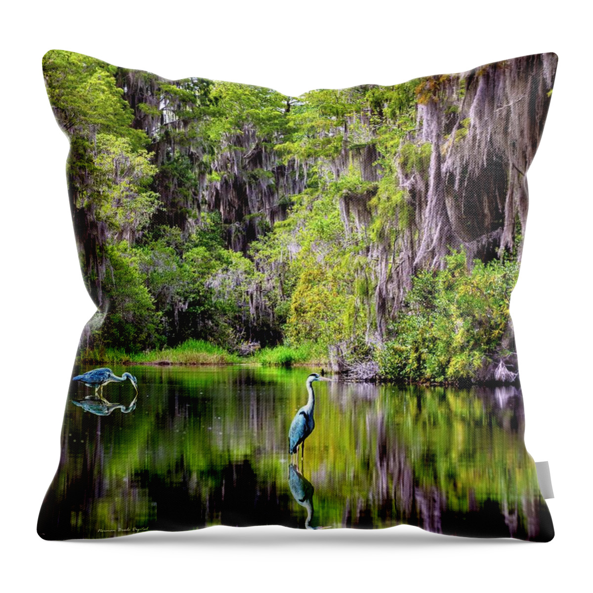 Heron Throw Pillow featuring the digital art Patient Reflections by Norman Brule
