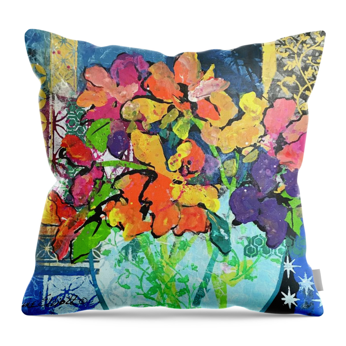 Mixed Flower Bouquet Throw Pillow featuring the painting Patio Profusion by Elaine Elliott