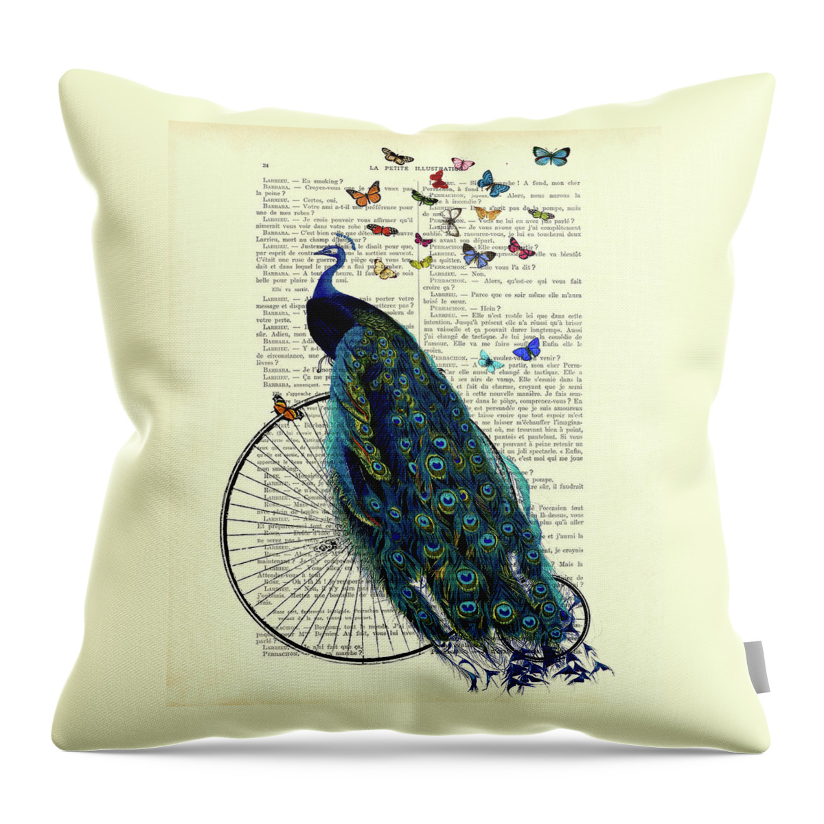 Peacock Throw Pillow featuring the digital art Peacock On Penny Farthing Bike With Butterflies Art Print by Madame Memento