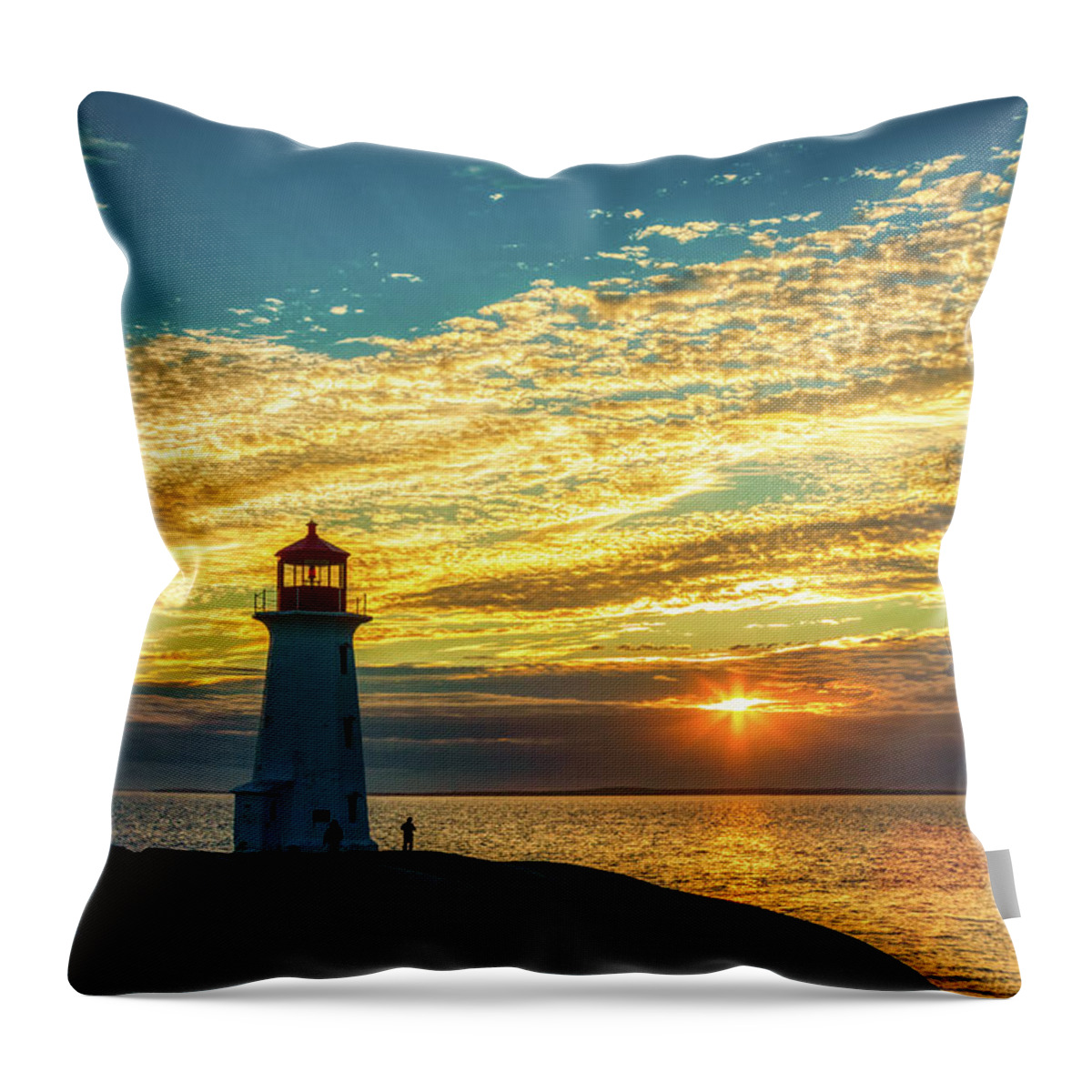 Peggy's Cove Throw Pillow featuring the photograph Peggy's Cove Lighthouse at Sunset by Tatiana Travelways