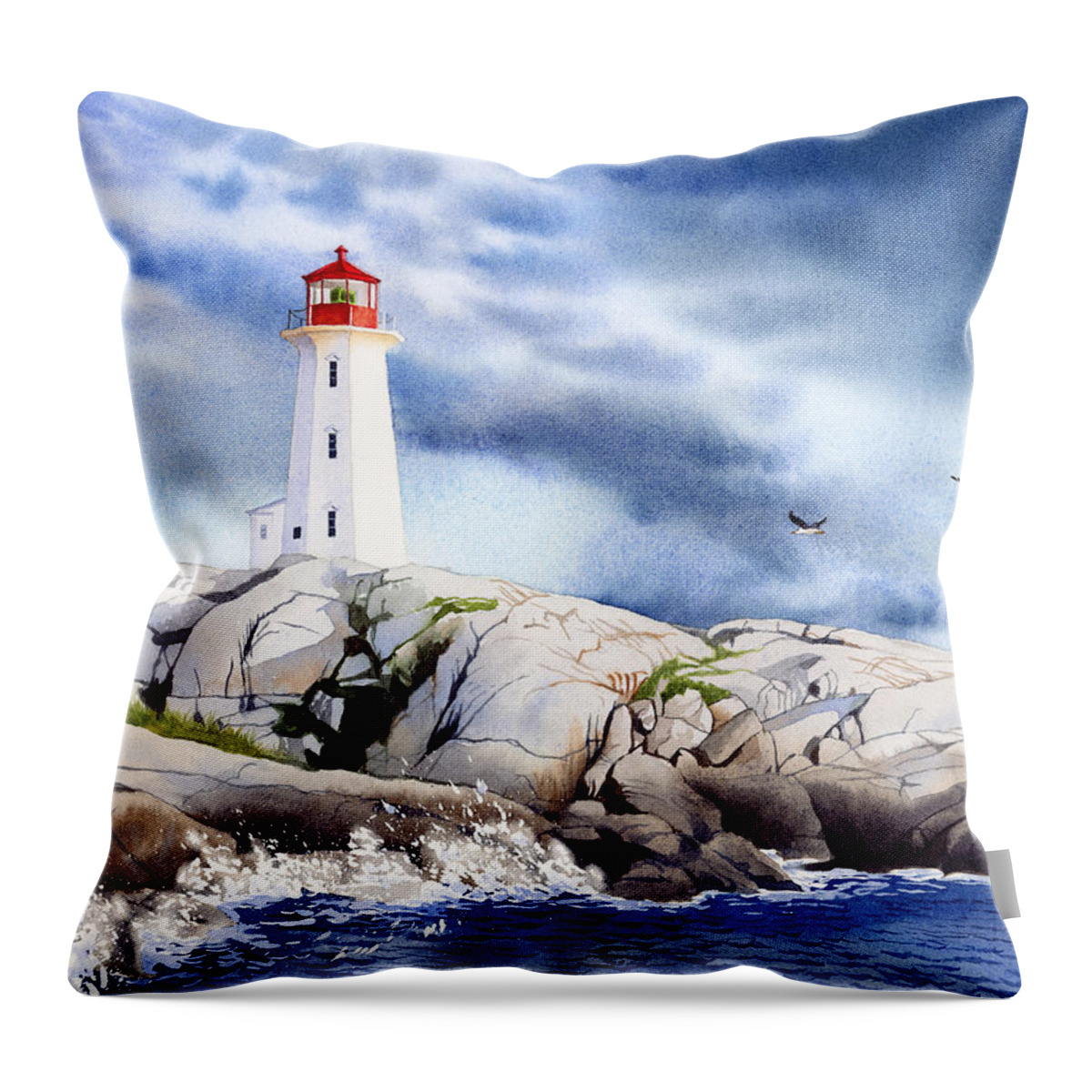 Peggy's Cove Lighthouse Throw Pillow featuring the painting Peggy's Cove Lighthouse by Espero Art