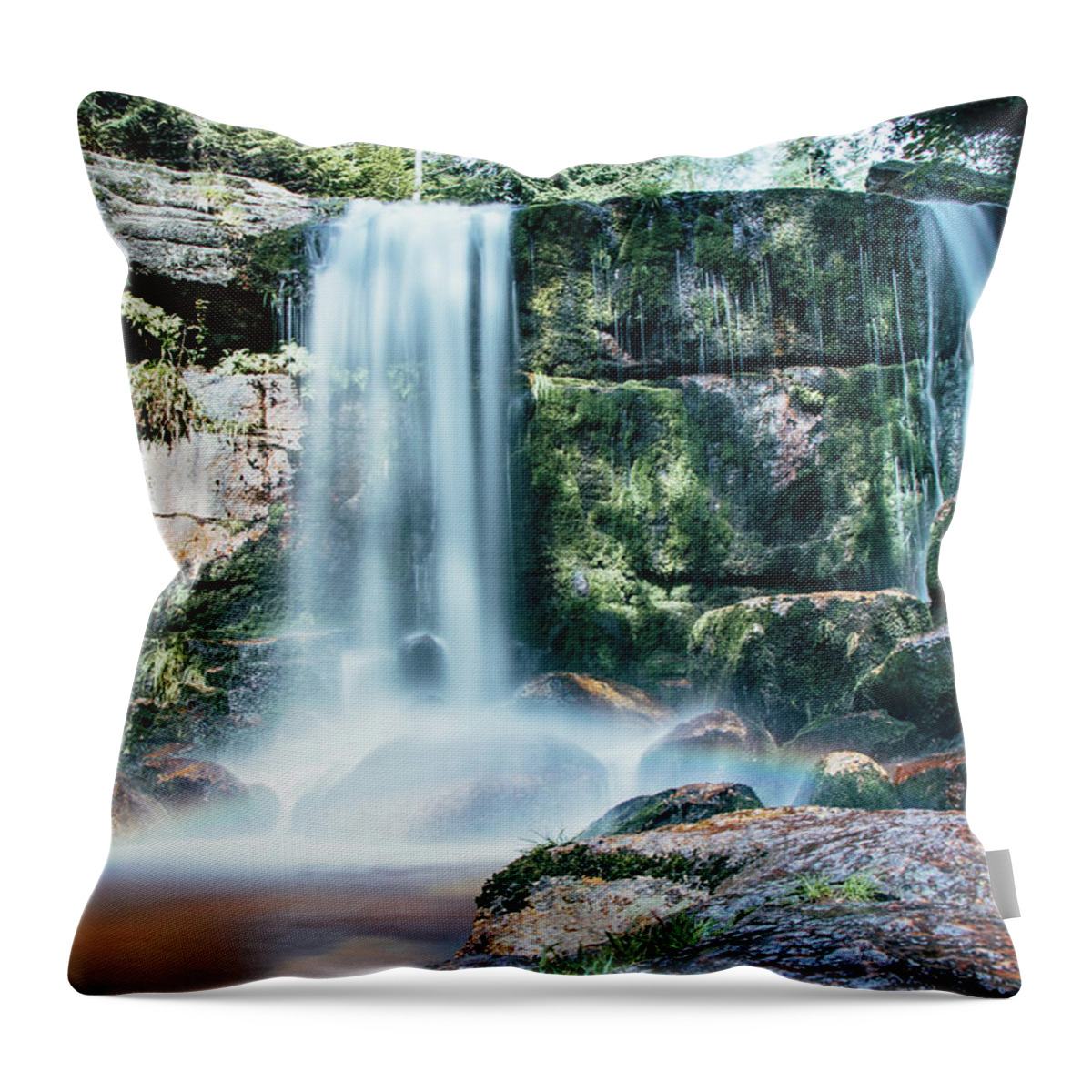 Jizera Mountains Throw Pillow featuring the photograph Summer colours colour the ice waterfall during sunrise. Jizera Mountains by Vaclav Sonnek