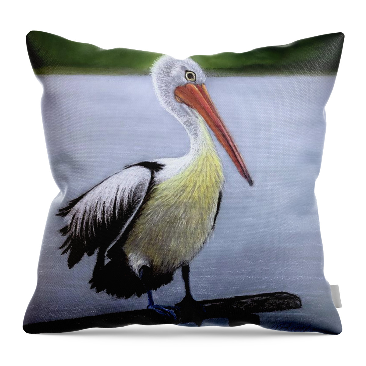 Pelican Throw Pillow featuring the drawing Pelican by Marlene Little