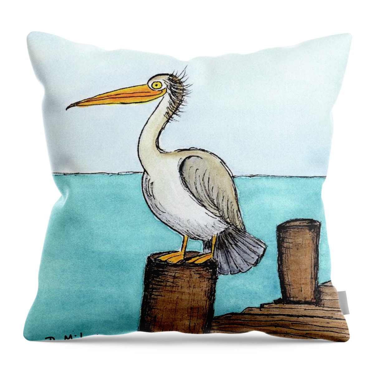 Coastal Bird Throw Pillow featuring the painting Pelican Perched on Pier by Donna Mibus