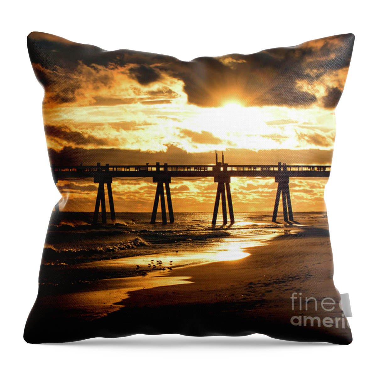 Sun Throw Pillow featuring the photograph Pensacola Beach Fishing Pier at Sunset by Beachtown Views