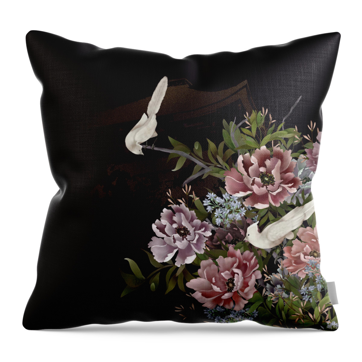 Chinoiserie Throw Pillow featuring the digital art Peonies and Birds Glitter Temple Chinoiserie by Sand And Chi