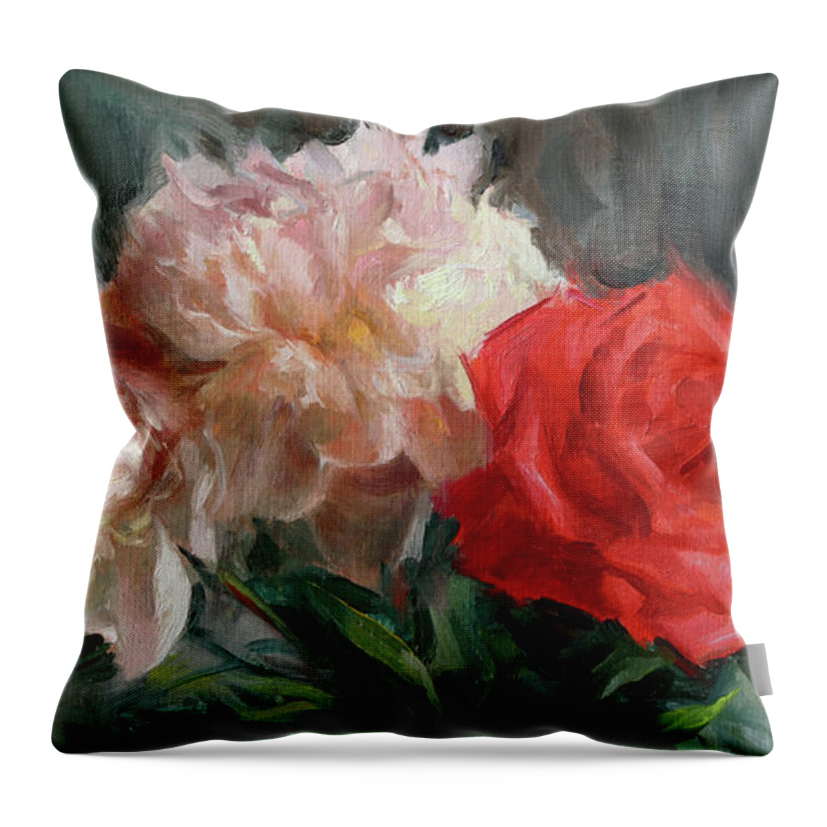 Roses Throw Pillow featuring the painting Peonies and Red Rose by Anna Rose Bain