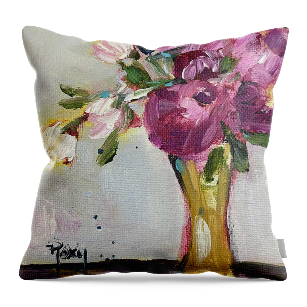 Peonies Throw Pillow featuring the painting Peonies in a Yellow Vase by Roxy Rich