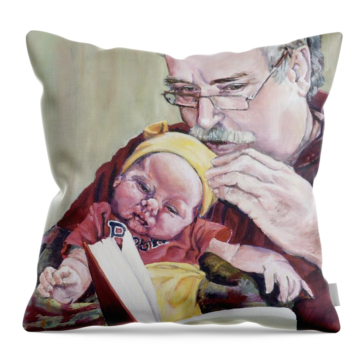 Grandfather Throw Pillow featuring the painting Pepere reads Pooh by Merana Cadorette