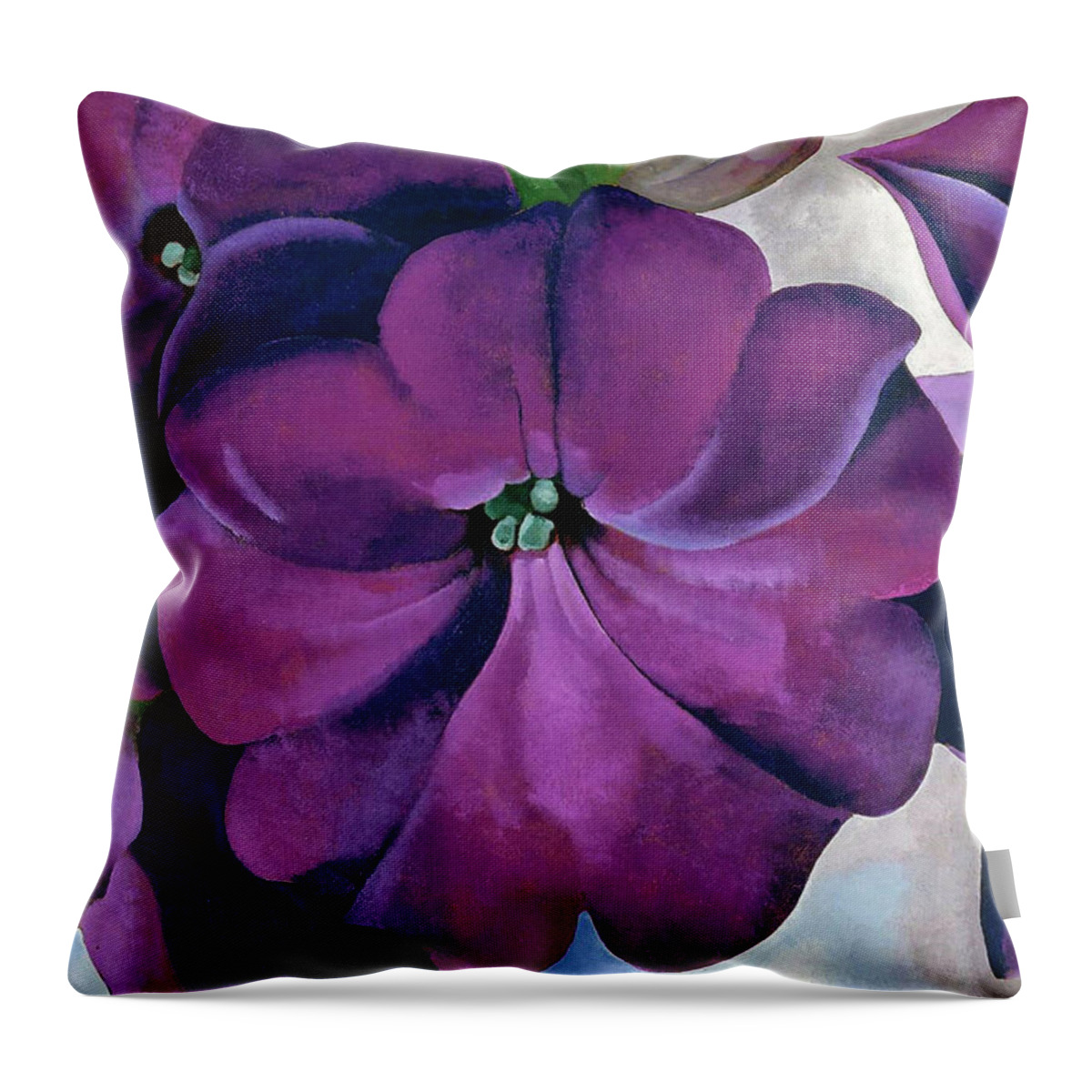Georgia O'keeffe Throw Pillow featuring the painting Petunias - Modernist purple flower painting by Georgia O'Keeffe