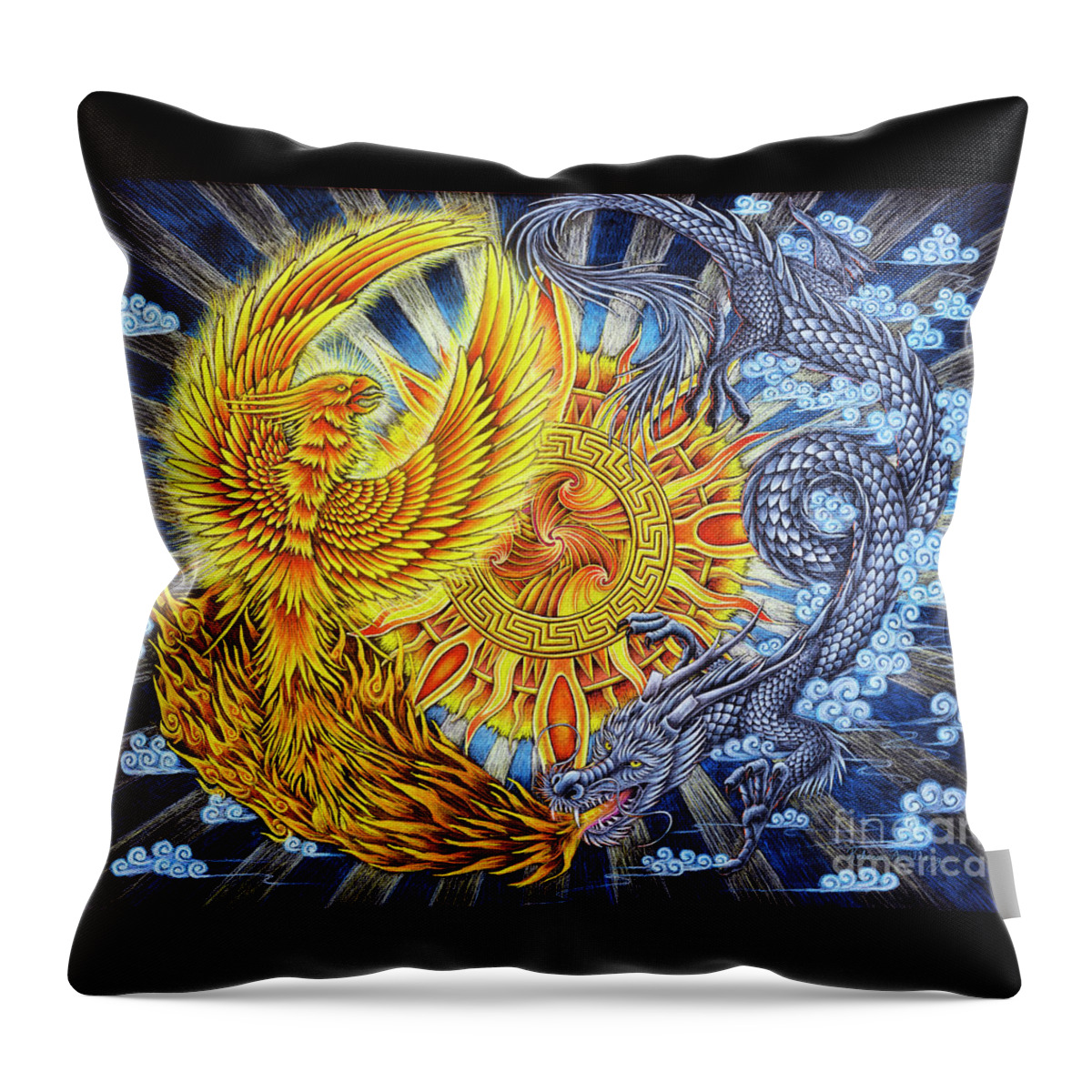 Chinese Dragon Throw Pillow featuring the pastel Phoenix and Dragon by Rebecca Wang