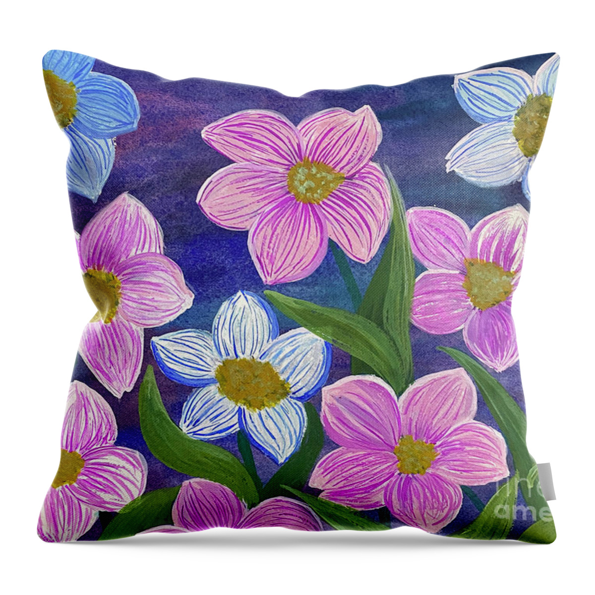 Pink Throw Pillow featuring the mixed media Pink and Blue Flowers by Lisa Neuman