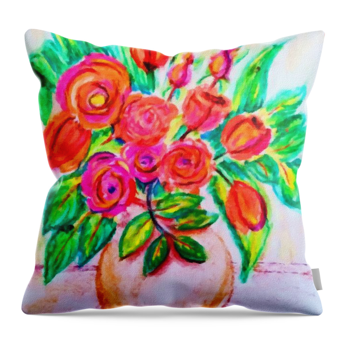Pink Throw Pillow featuring the digital art Pink and Orange Floral Bouquet Pastel Chalk Digitally Altered by Delynn Addams