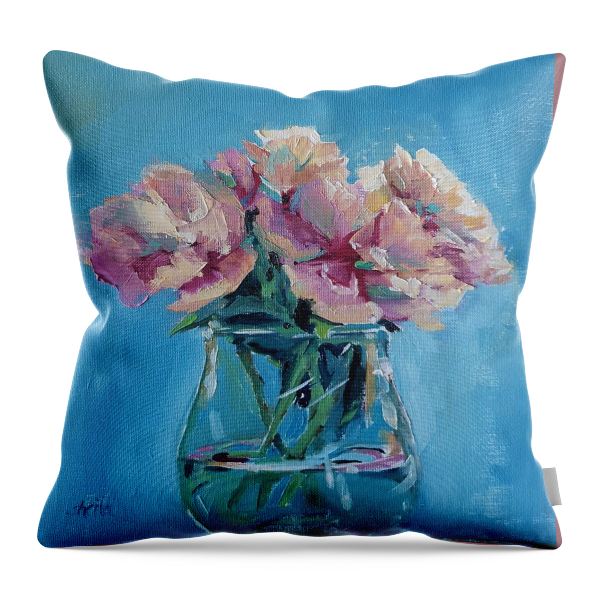 Pink Throw Pillow featuring the painting Pink Flowers with Blue by Sheila Romard