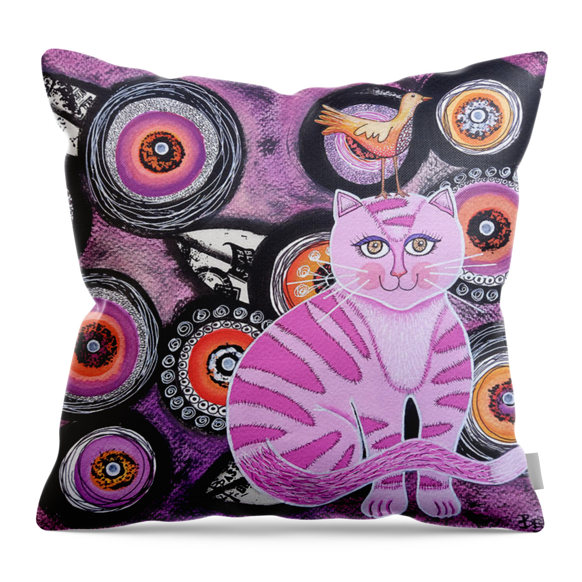Cat Throw Pillow featuring the painting Pink kitten with flowers by Graciela Bello