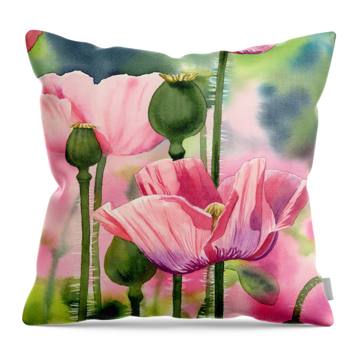 Pink Throw Pillow featuring the painting Pink Poppies by Espero Art