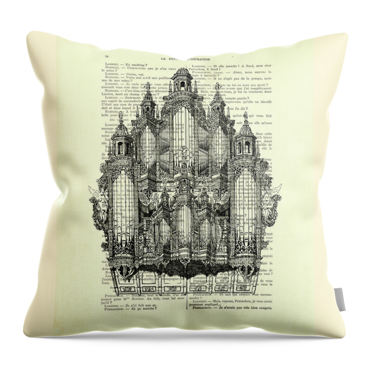 Organ Throw Pillow featuring the mixed media Pipe organ in black and white on a French antique book page by Madame Memento