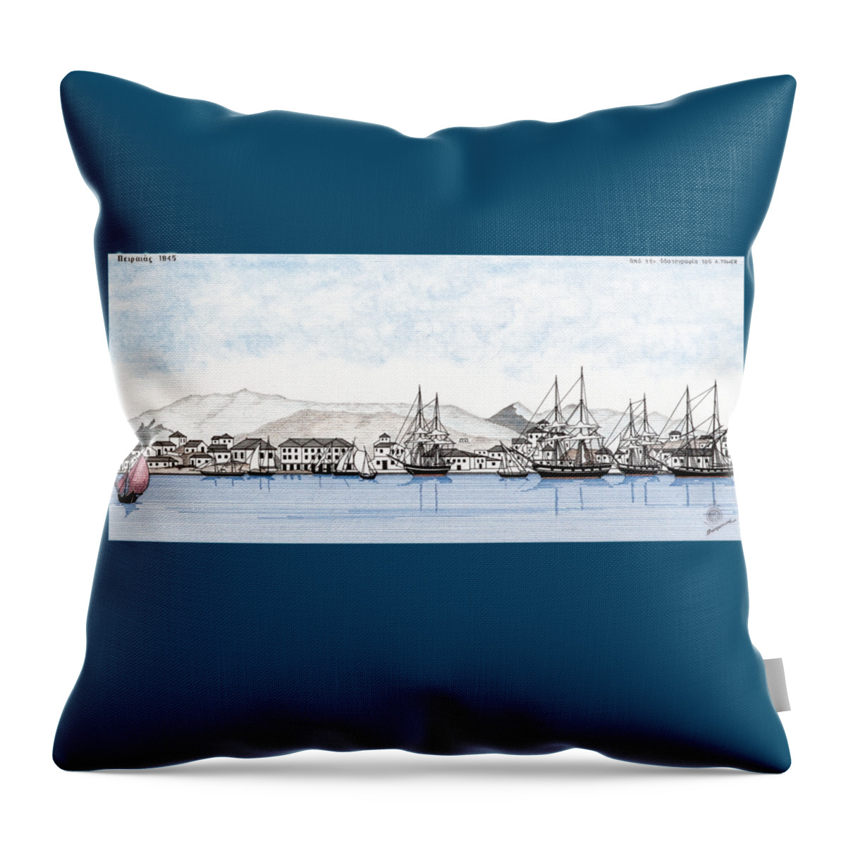Vintage Throw Pillow featuring the drawing Piraeus 1845 by Panagiotis Mastrantonis