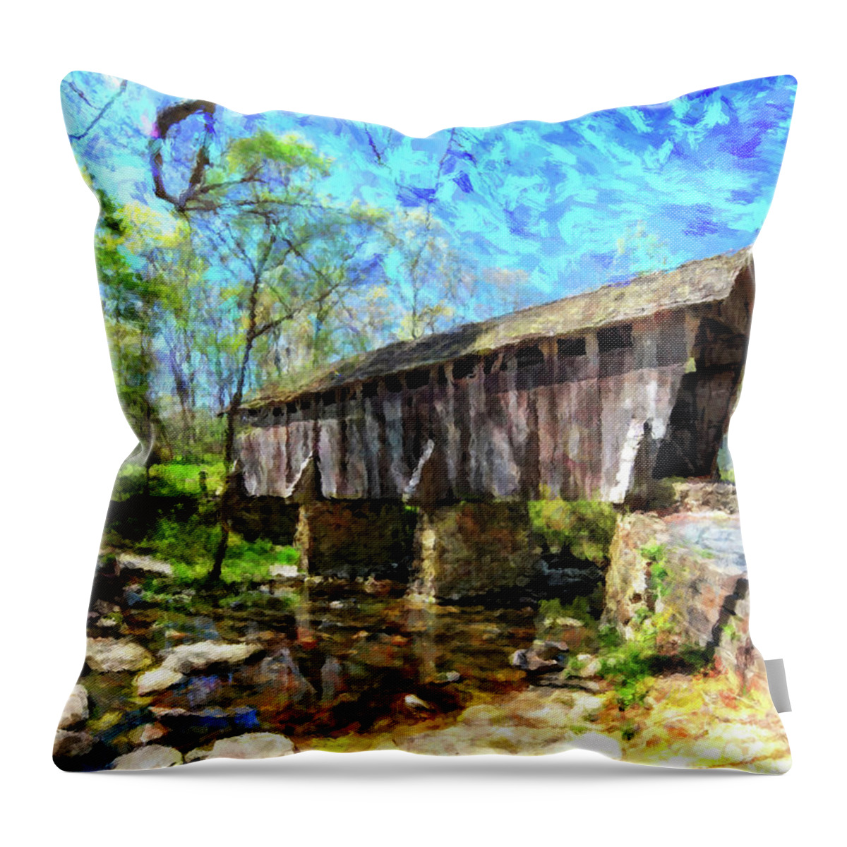 Pisgah Covered Bridge Throw Pillow featuring the digital art Pisgah Covered Bridge by SnapHappy Photos