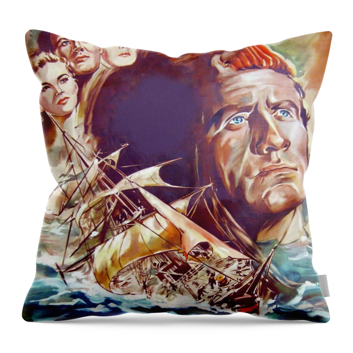 Plymouth Throw Pillow featuring the painting ''Plymouth Adventure'', 1950, movie poster painting by Georg Schubert by Stars on Art