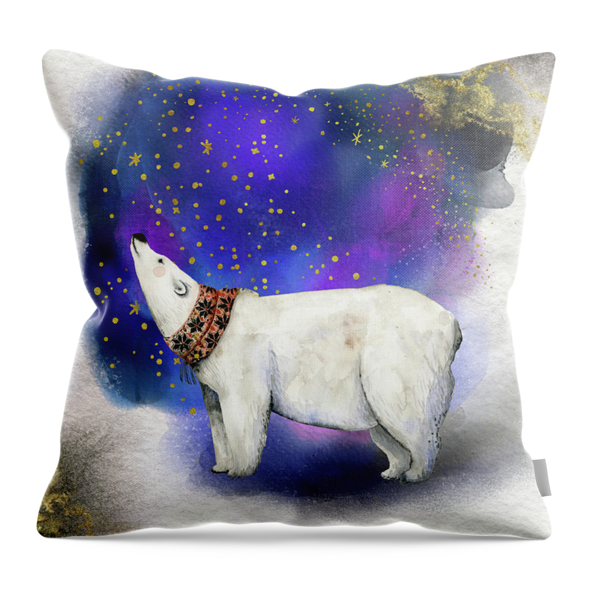 Polar Bear Throw Pillow featuring the painting Polar Bear With Golden Stars by Garden Of Delights