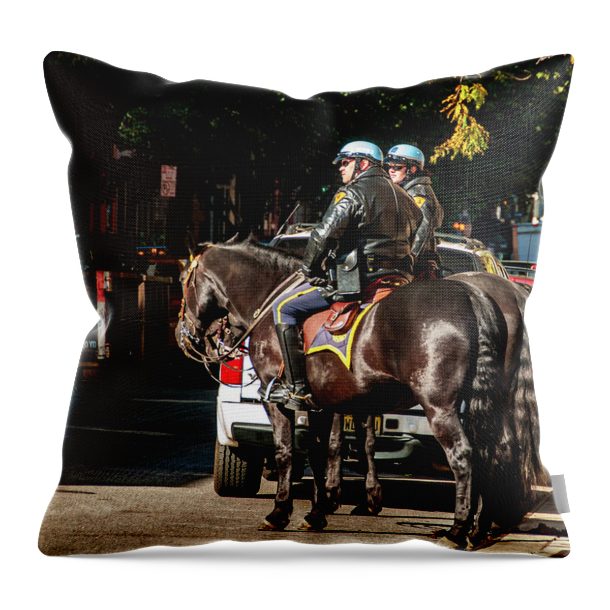 Chelsea Throw Pillow featuring the photograph Police on Horse Back in NYC by Louis Dallara