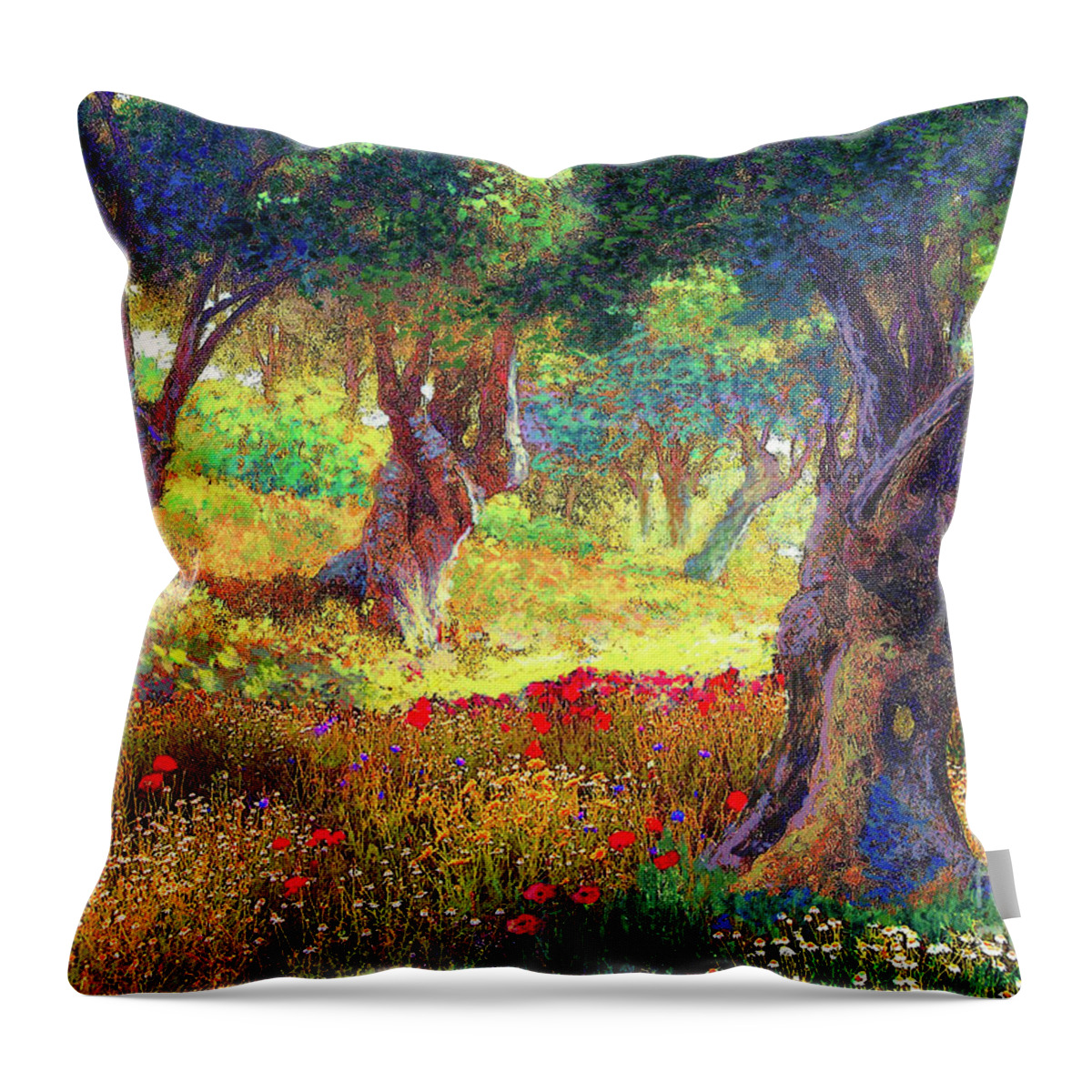 Landscape Throw Pillow featuring the painting Poppies and Olive Trees by Jane Small