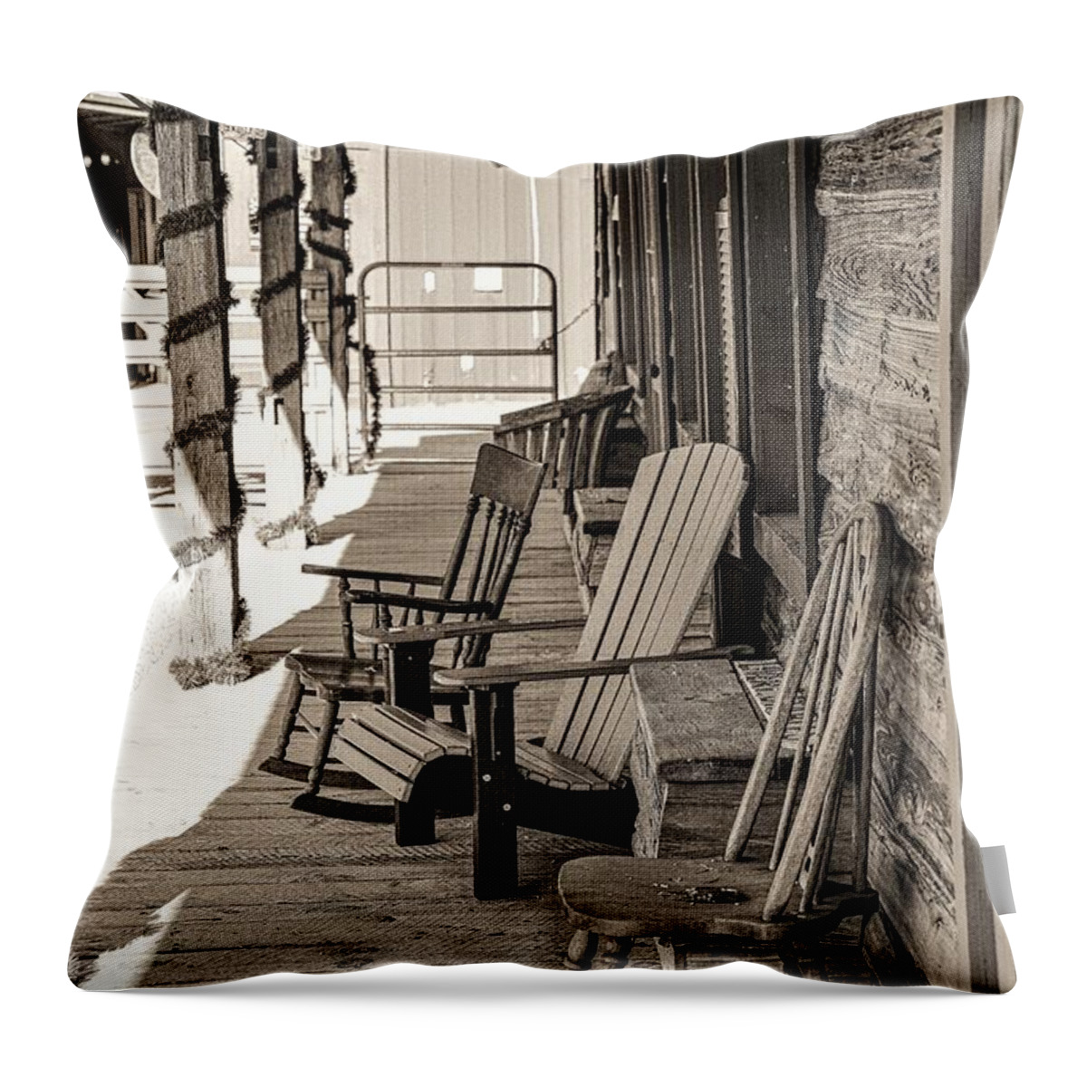 Porch Chair Old B&w Barn Throw Pillow featuring the photograph Porch by John Linnemeyer