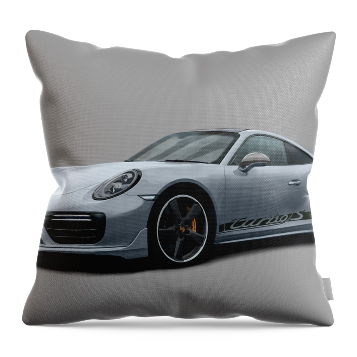 Hand Drawn Throw Pillow featuring the digital art Porsche 911 991 Turbo S Digitally Drawn - Grey with side decals script by Moospeed Art