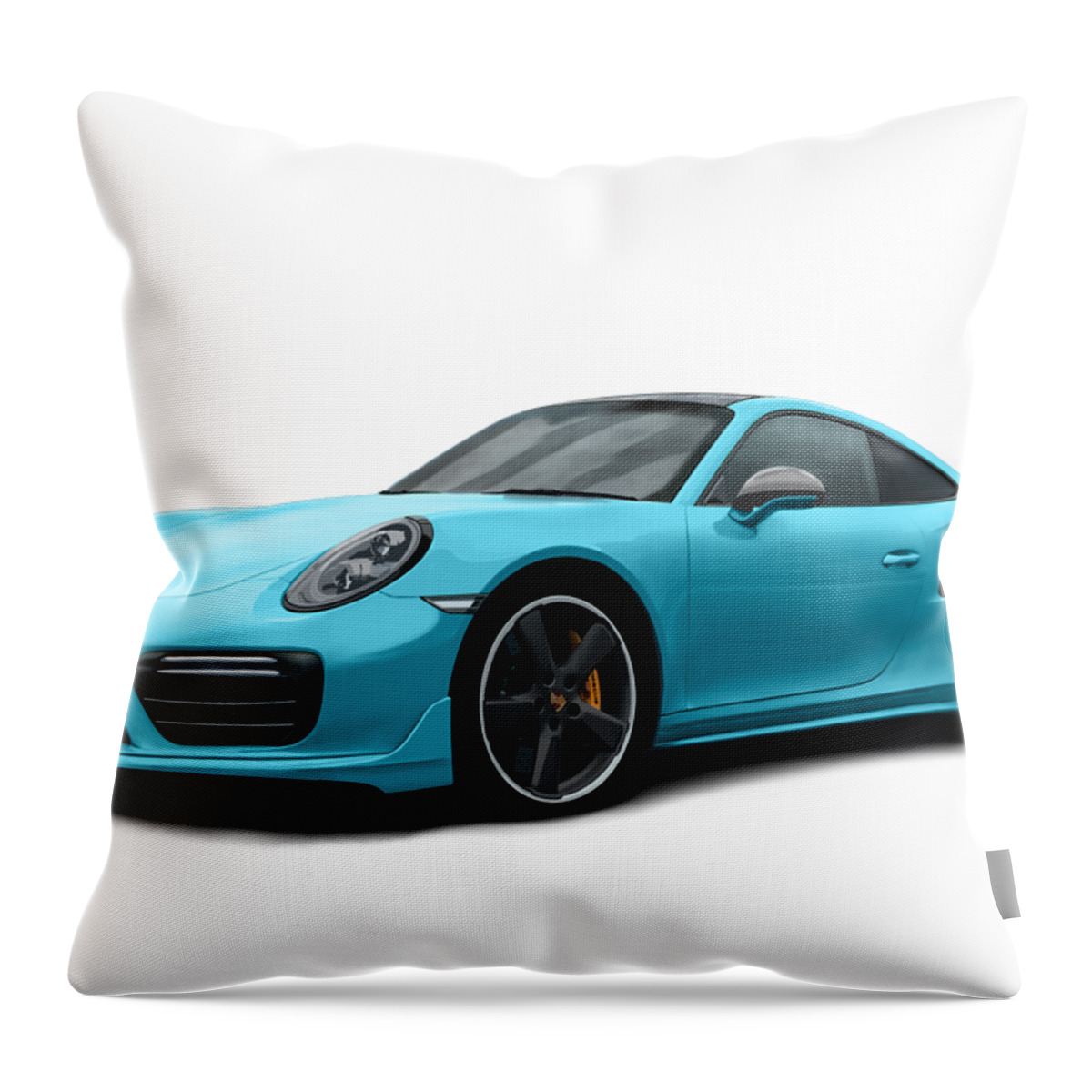 Hand Drawn Throw Pillow featuring the digital art Porsche 911 991 Turbo S Digitally Drawn - Light Blue by Moospeed Art