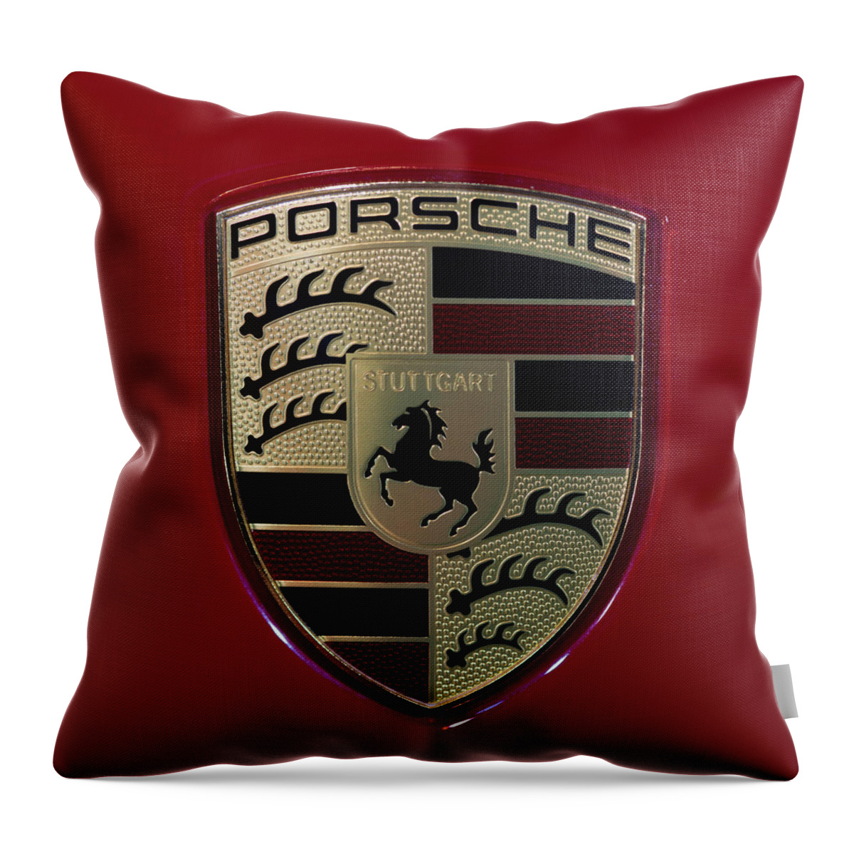 911 Throw Pillow featuring the photograph Porsche Emblem on carmine red square by Sebastian Musial