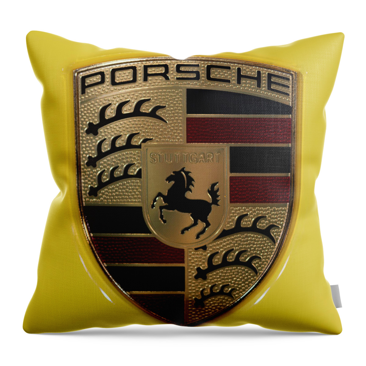 911 Throw Pillow featuring the photograph Porsche Emblem on Racing Yellow by Sebastian Musial