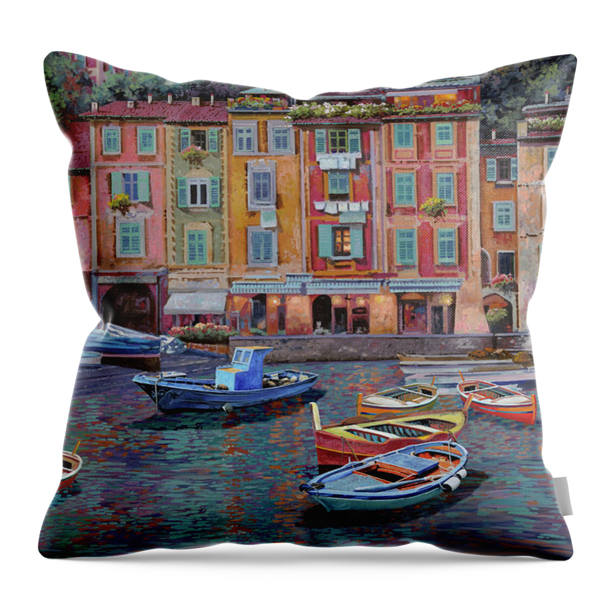 Portofino Throw Pillow featuring the painting Portofino al crepuscolo by Guido Borelli