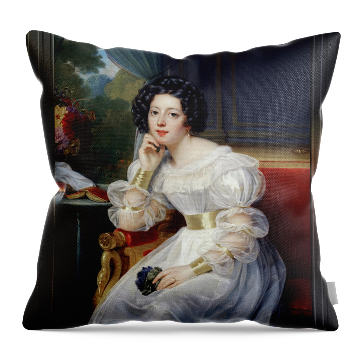 Portrait Of A Young Lady Throw Pillow featuring the painting Portrait Of A Young Lady by Louis Hersent Fine Art Old Masters Reproduction by Rolando Burbon