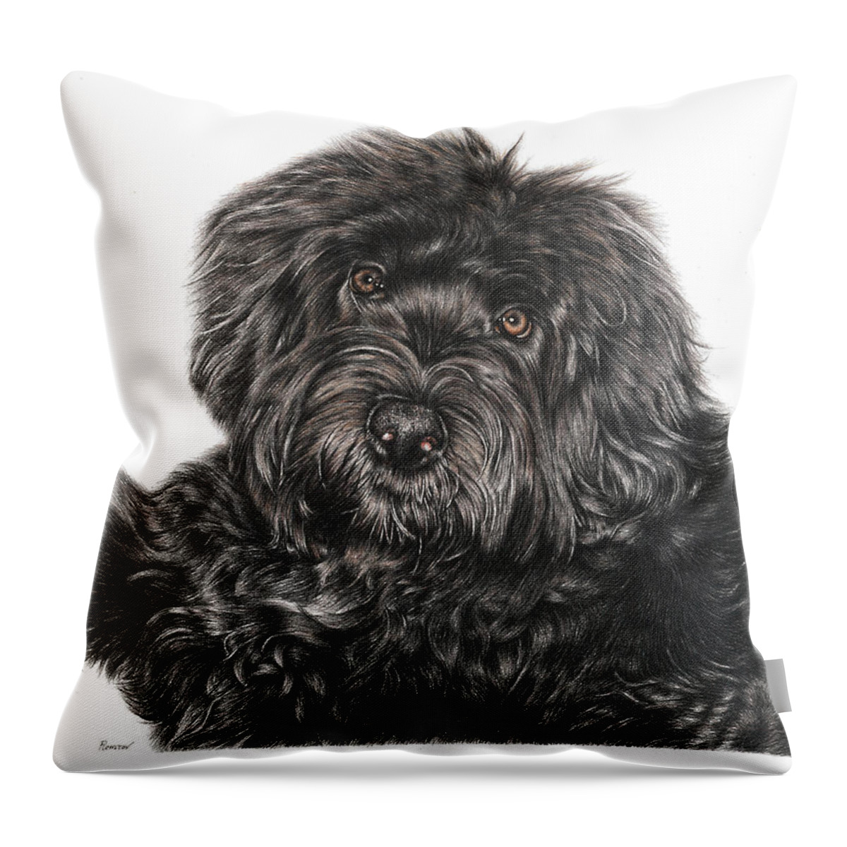 Portuguese Water Dog Throw Pillow featuring the drawing Portuguese Water Dog Toby by Casey 'Remrov' Vormer