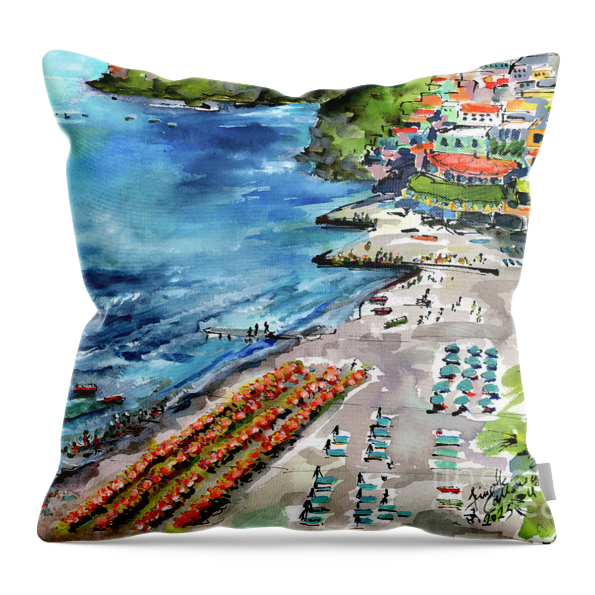 Positano Throw Pillow featuring the painting Positano Summer Beach Italy Watercolors and Ink by Ginette Callaway