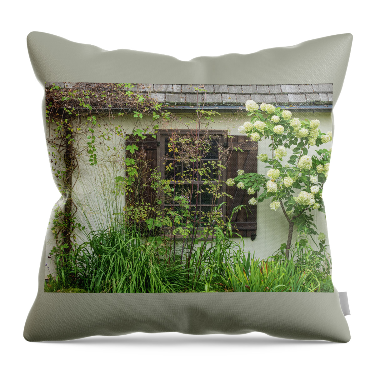 Architecture Throw Pillow featuring the photograph Potting Shed Window at Chanticleer by Kristia Adams