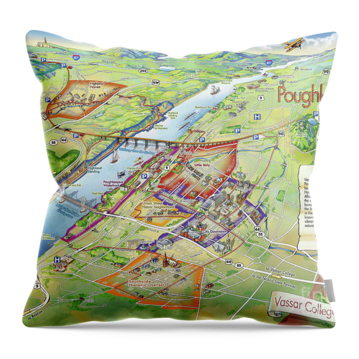 Vassar College Throw Pillow featuring the digital art Poughkeepsie and Vassar College Illustrated Map by Maria Rabinky