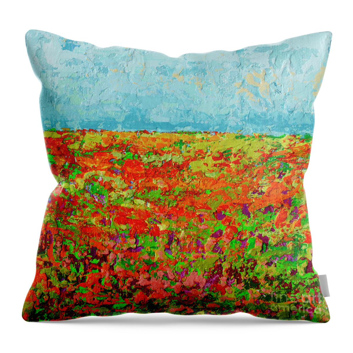 Sky Painting Throw Pillow featuring the painting Prairie of WildFlower Field - Modern Impressionist Artwork by Patricia Awapara